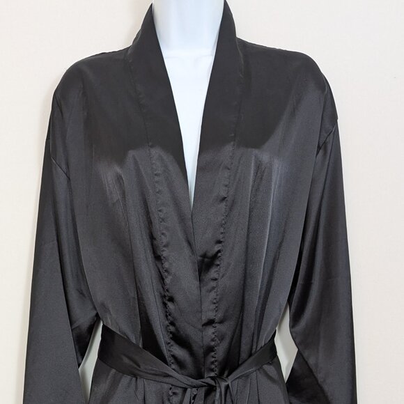 Vintage Y2K Victoria’s Secret Black Satin Belted Short Robe Kimono Long Sleeve - Picture 1 of 16